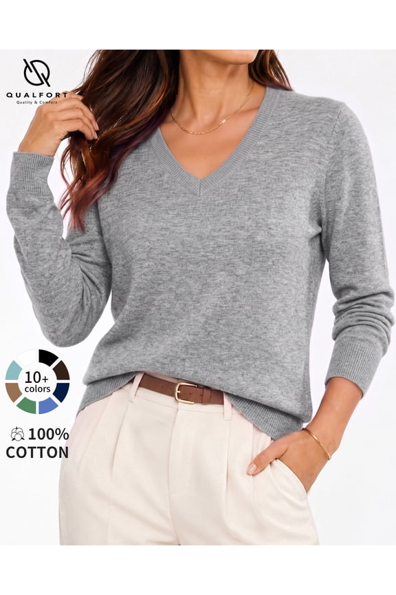 Women's 100% Cotton V-Neck Pullover Sweater, Long Sleeve Lightweight Sweater for Women, Soft Classic Solid Color Knit Sweater Top, Grey L
