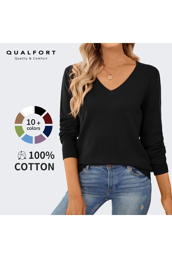 Women’s 100% Cotton V-Neck Pullover Sweater, Long Sleeve Lightweight Sweater for Women, Soft Classic Solid Color Knit Top