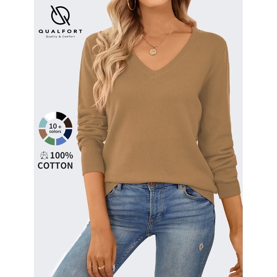 QUALFORT Women's 100% Cotton V-Neck Pullover Sweater, Long Sleeve Lightweight Sweater for Women, Soft Classic Solid Color Knit Sweater Top, Khaki XXL