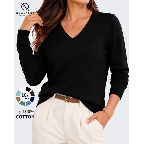 QUALFORT Women's 100% Cotton V-Neck Pullover Sweater, Long Sleeve Lightweight Sweater for Women, Soft Classic Solid Color Knit Sweater Top, Black M