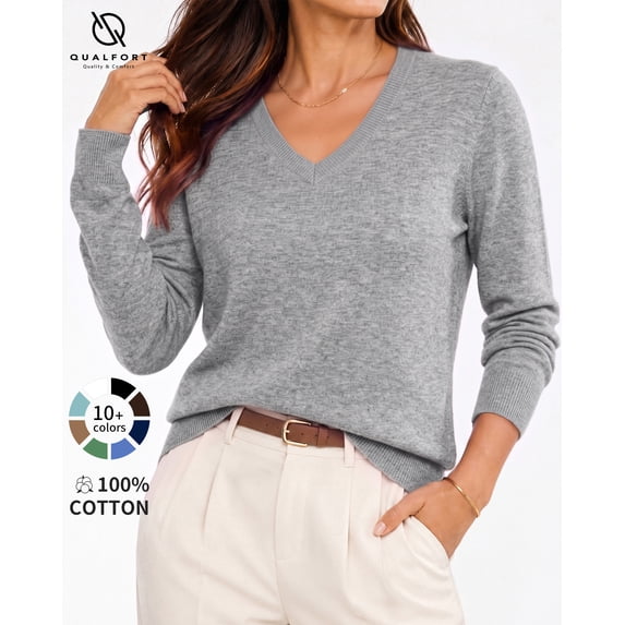 QUALFORT Women's 100% Cotton V-Neck Pullover Sweater, Long Sleeve Lightweight Sweater for Women, Soft Classic Solid Color Knit Sweater Top, Grey S