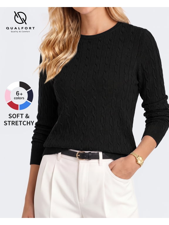 Women’s Cable Knit Sweater, Crew Neck Lightweight Long Sleeve Pullover, Black, Size XL