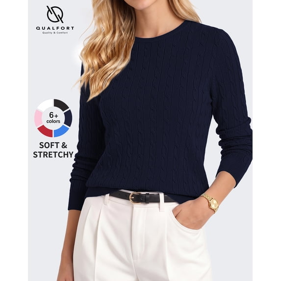 QUALFORT Women’s Cable Knit Sweater, Crew Neck Lightweight Long Sleeve Pullover, Navy, Size M