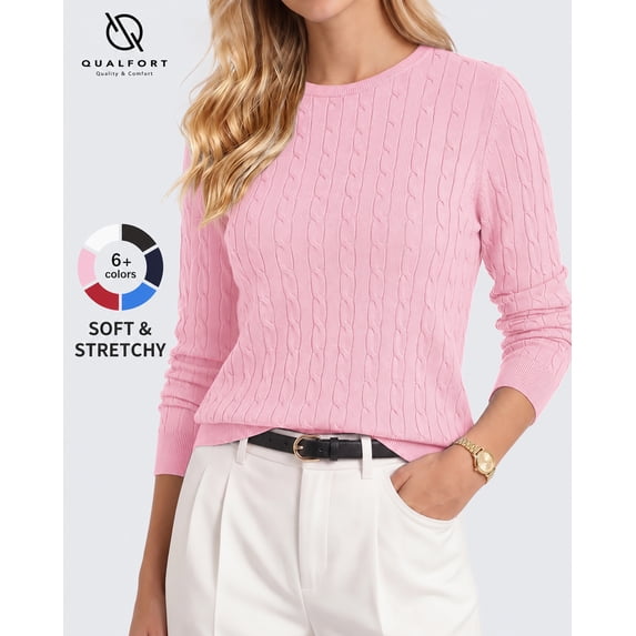 QUALFORT Women’s Cable Knit Sweater, Crew Neck Lightweight Long Sleeve Pullover, Pink, Size XXL