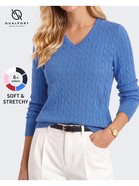 Women’s V-Neck Cable Knit Sweater, Lightweight Long Sleeve Pullover, Blue, Size XL