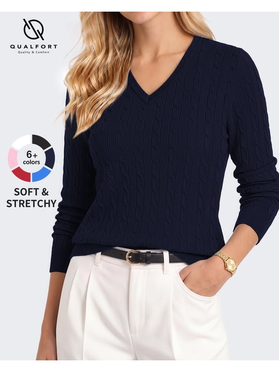 Women’s V-Neck Cable Knit Sweater, Lightweight Long Sleeve Pullover, Navy, Size XXL