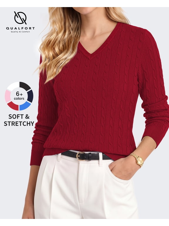 Women’s V-Neck Cable Knit Sweater, Lightweight Long Sleeve Pullover, Red, Size M