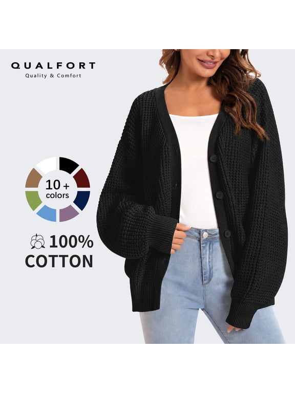 100% Cotton Cardigan Sweaters for Women, V Neck Button Down Chunky Knit Cozy Relaxed Fit Sweater Cardigan, Black L