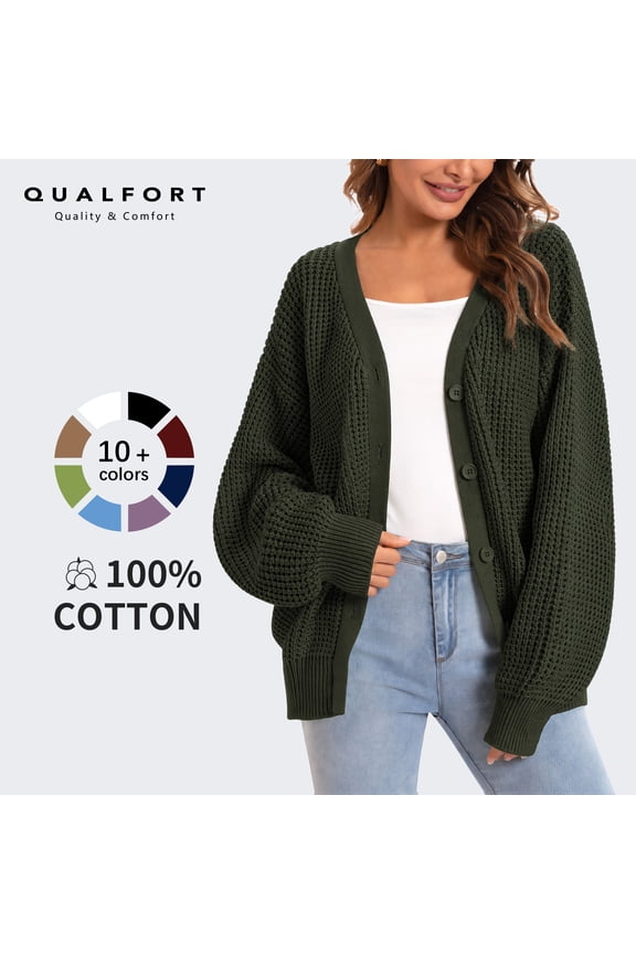 100% Cotton Cardigan Sweaters for Women, V Neck Button Down Chunky Knit Cozy Relaxed Fit Sweater Cardigan