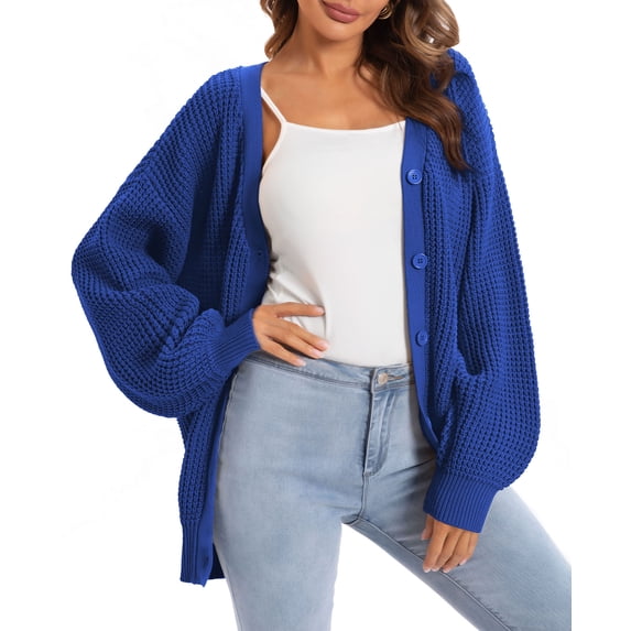 QUALFORT Women’s 100% Cotton Button-Front Oversized Cardigan Sweater