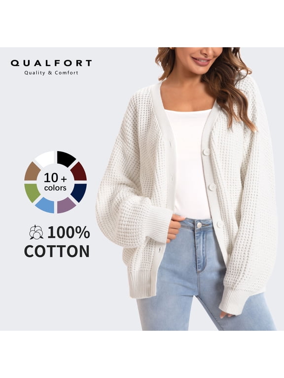 100% Cotton Cardigan Sweaters for Women, V Neck Button Down Chunky Knit Cozy Relaxed Fit Sweater Cardigan, Off White M
