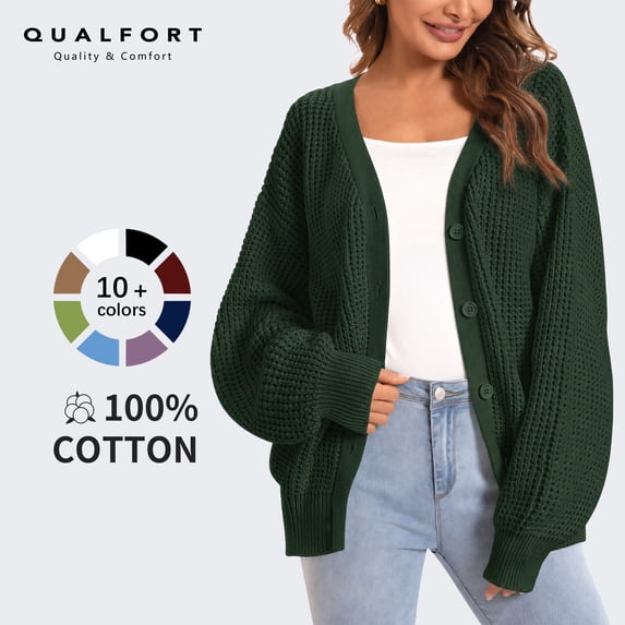 QUALFORT 100% Cotton Cardigan Sweaters for Women, V Neck Button Down Chunky Knit Cozy Relaxed Fit Sweater Cardigan, Dark Green XXL