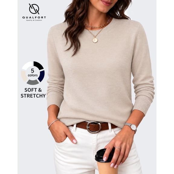 QUALFORT Women’s Crew Neck Pullover Sweater, Soft Lightweight Long Sleeve Knit Top, Beige, Size XL