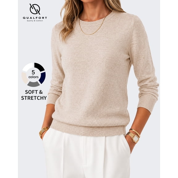 QUALFORT Women’s Crew Neck Pullover Sweater, Soft Lightweight Long Sleeve Knit Top, Beige, Size XL