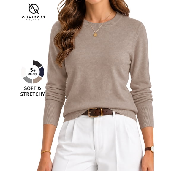 QUALFORT Women’s Crew Neck Pullover Sweater, Soft Midweight Long Sleeve Wool Blend Knit Top, Coffee, Size XL