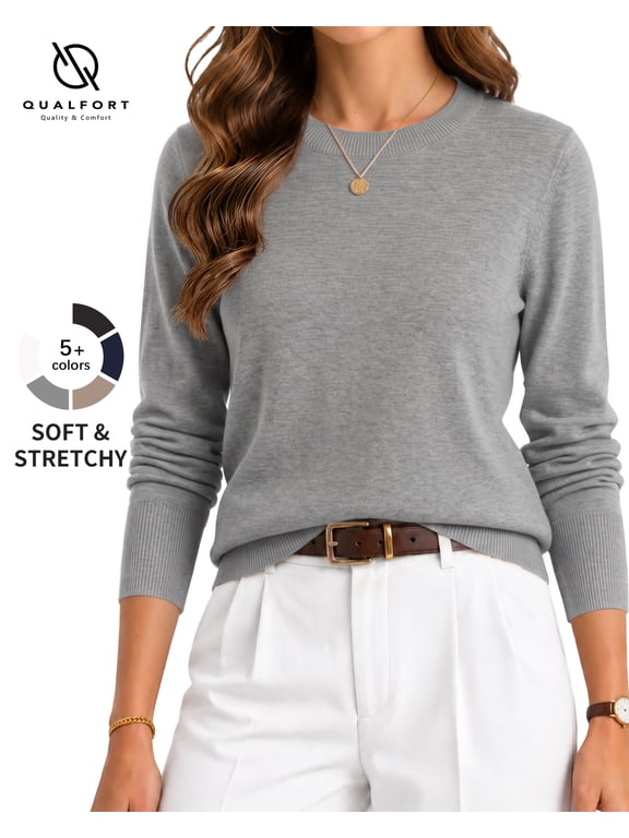 Women’s Crew Neck Pullover Sweater, Soft Midweight Long Sleeve Wool Blend Knit Top, Gray, Size XL