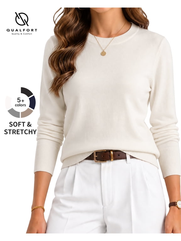 Women’s Crew Neck Pullover Sweater, Soft Midweight Long Sleeve Wool Blend Knit Top, Off White, Size S