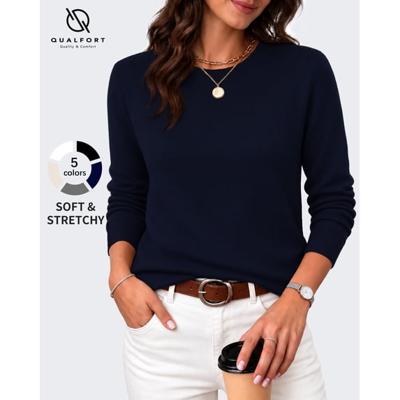 QUALFORT Women’s Crew Neck Pullover Sweater, Soft Lightweight Long Sleeve Knit Top, Navy, Size M