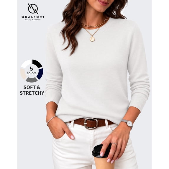 QUALFORT Women’s Crew Neck Pullover Sweater, Soft Lightweight Long Sleeve Knit Top, White, Size L