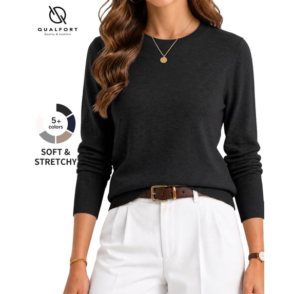 QUALFORT Women’s Crew Neck Pullover Sweater, Soft Midweight Long Sleeve Wool Blend Knit Top, Black, Size XL