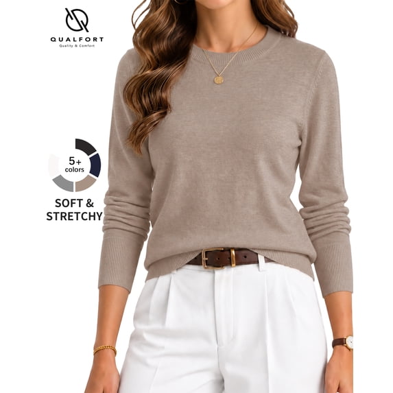 QUALFORT Women’s Crew Neck Pullover Sweater, Soft Midweight Long Sleeve Wool Blend Knit Top, Coffee, Size XL