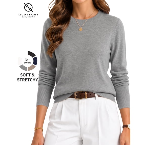 QUALFORT Women’s Crew Neck Pullover Sweater, Soft Midweight Long Sleeve Wool Blend Knit Top, Gray, Size XL