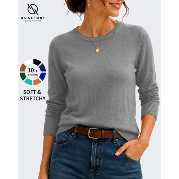 QUALFORT Women’s Crew Neck Pullover Sweater, Soft Lightweight Long Sleeve Knit Top, Solid Color Casual Sweater, Gray L