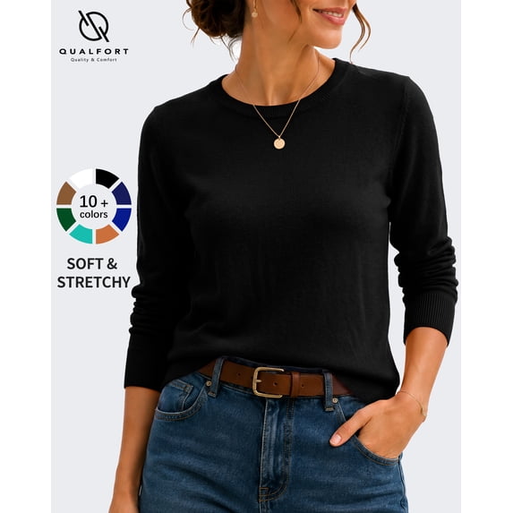 QUALFORT Women’s Crew Neck Pullover Sweater, Soft Lightweight Long Sleeve Knit Top, Solid Color Casual Sweater, Black L