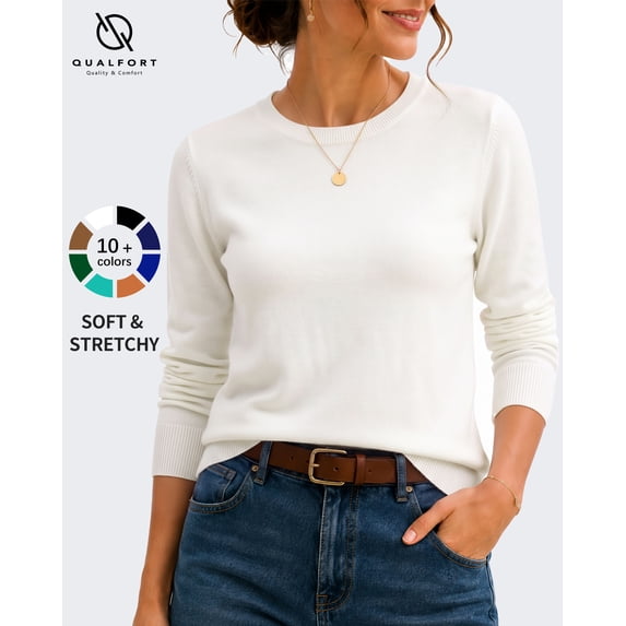 QUALFORT Women’s Crew Neck Pullover Sweater, Soft Lightweight Long Sleeve Knit Top, Solid Color Casual Sweater, Off White XL