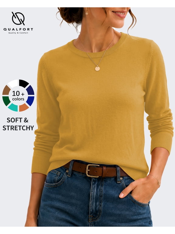 Women’s Crew Neck Pullover Sweater, Soft Lightweight Long Sleeve Knit Top, Solid Color Casual Sweater, Mustard Yellow S
