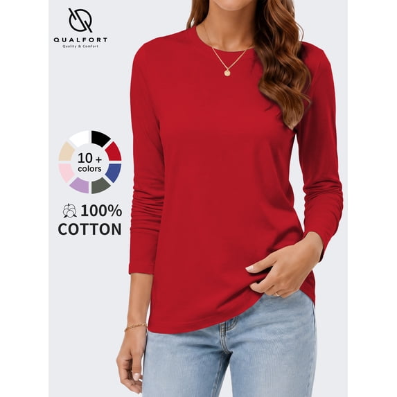 QUALFORT Women's Long Sleeve Shirts, 100% Cotton Crew Neck Long Sleeve T Shirt for Women, Soft Lightweight Casual Basic Cotton Top, Red S