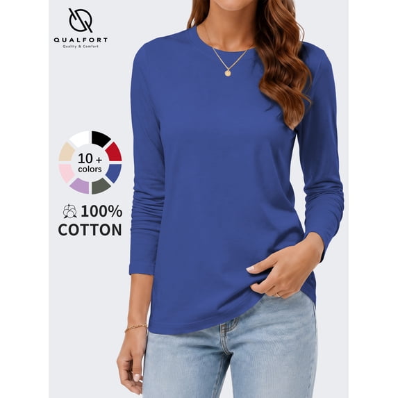 QUALFORT Women's Long Sleeve Shirts, 100% Cotton Crew Neck Long Sleeve T Shirt for Women, Soft Lightweight Casual Basic Cotton Top, Royal Blue XL