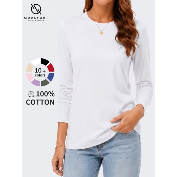 QUALFORT Women's Long Sleeve Shirts, 100% Cotton Crew Neck Long Sleeve T Shirt for Women, Soft Lightweight Casual Basic Cotton Top, White M