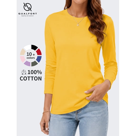 QUALFORT Women's Long Sleeve Shirts, 100% Cotton Crew Neck Long Sleeve T Shirt for Women, Soft Lightweight Casual Basic Cotton Top, Yellow XXL