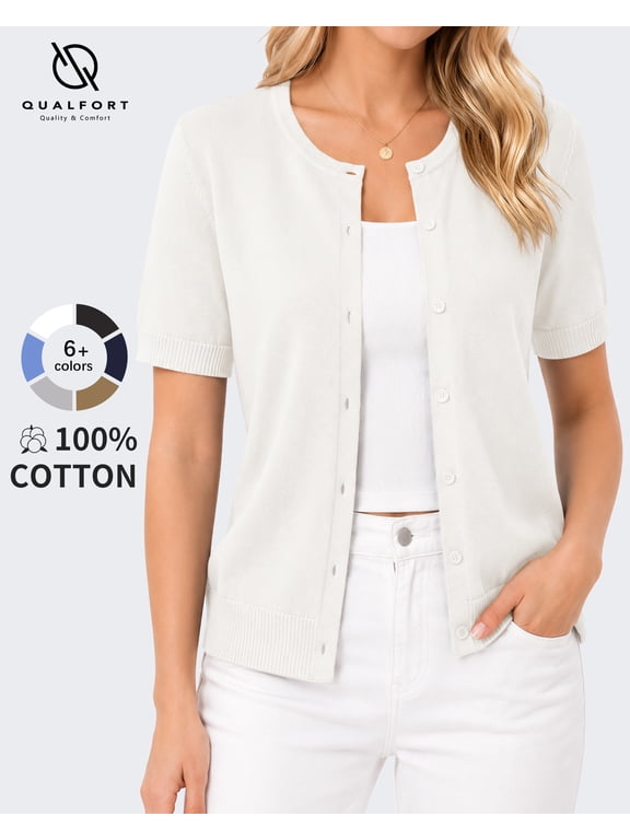 Women’s 100% Cotton Short Sleeve Cardigan, Crew Neck Button-Front Sweater, Off White, Size XL