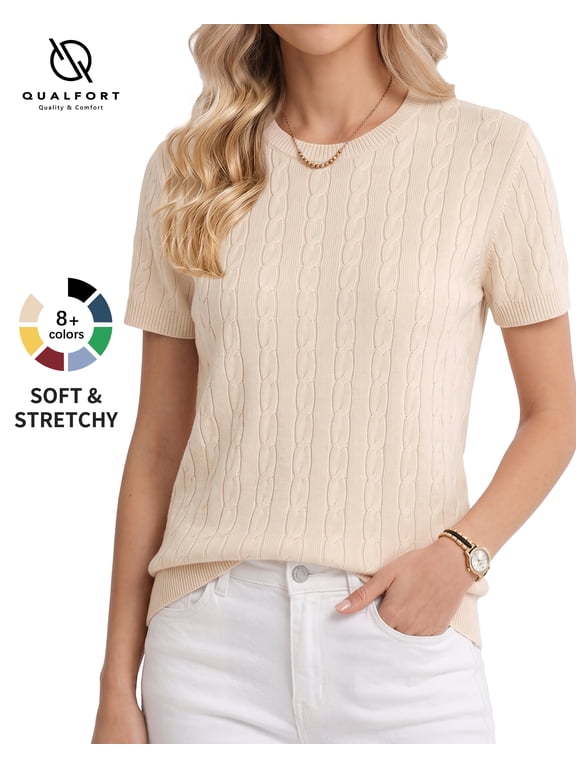 Women’s Short Sleeve Cable Knit Sweater, Crew Neck Lightweight Pullover, Apricot, Size L