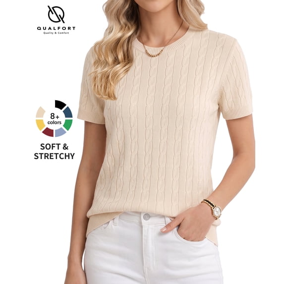 QUALFORT Women’s Short Sleeve Cable Knit Sweater, Crew Neck Lightweight Pullover, Apricot, Size M