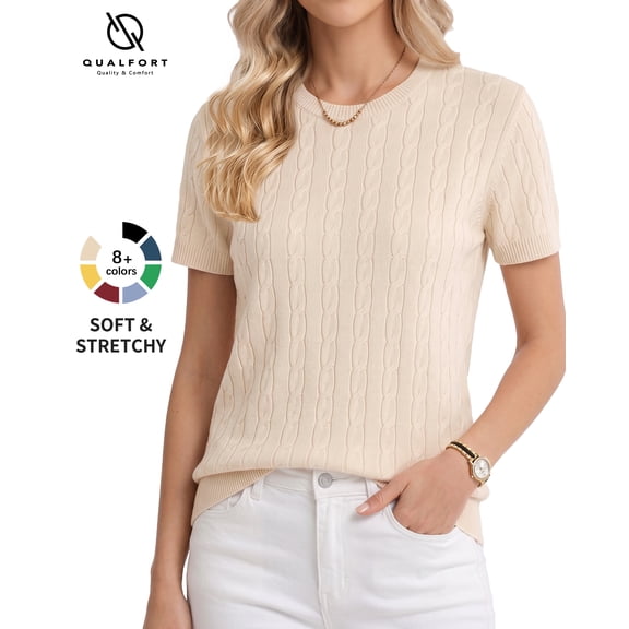 QUALFORT Women’s Short Sleeve Cable Knit Sweater, Crew Neck Lightweight Pullover, Apricot, Size M