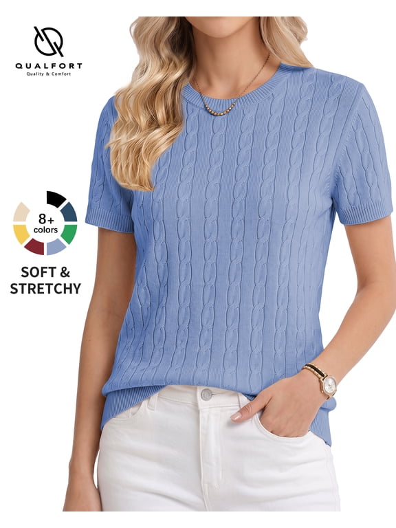 Women’s Short Sleeve Cable Knit Sweater, Crew Neck Lightweight Pullover, Blue, Size S