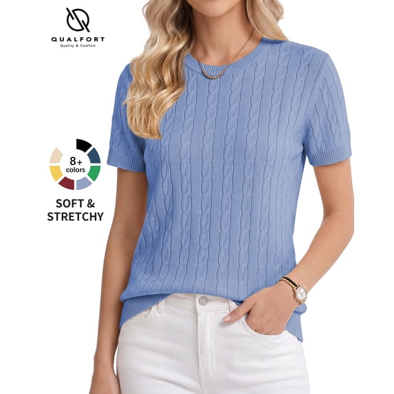 QUALFORT Women’s Short Sleeve Cable Knit Sweater, Crew Neck Lightweight Pullover, Blue, Size XL