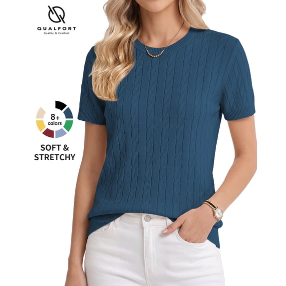 QUALFORT Women’s Short Sleeve Cable Knit Sweater, Crew Neck Lightweight Pullover, Blue Green, Size L