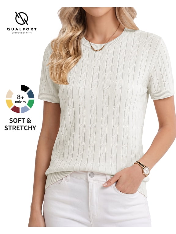 Women’s Short Sleeve Cable Knit Sweater, Crew Neck Lightweight Pullover, Off White, Size S