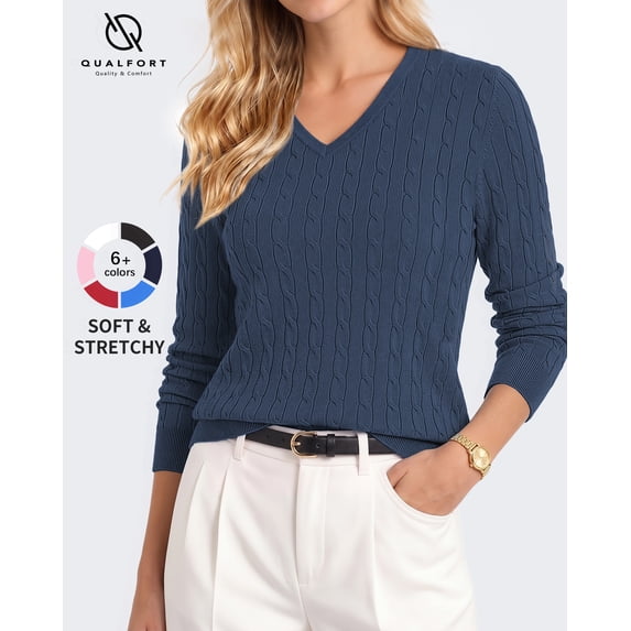 QUALFORT Women’s V-Neck Cable Knit Sweater, Lightweight Long Sleeve Pullover, Deep Sea Blue, Size M