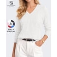 thumbnail image 1 of QUALFORT Women’s V-Neck Cable Knit Sweater, Lightweight Long Sleeve Pullover, Off White, Size L, 1 of 7