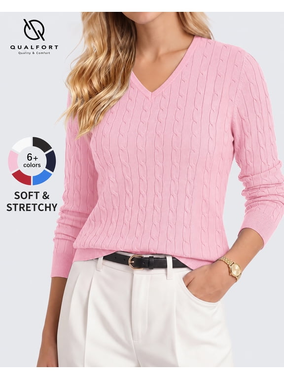 Women’s V-Neck Cable Knit Sweater, Lightweight Long Sleeve Pullover, Pink, Size XL