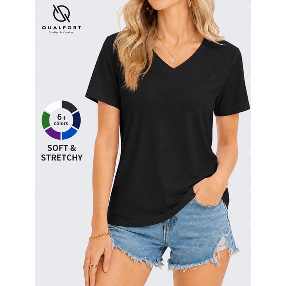 QUALFORT Women’s V-Neck Short Sleeve T-Shirt, Viscose Made from Bamboo Cotton Blend, Black, S