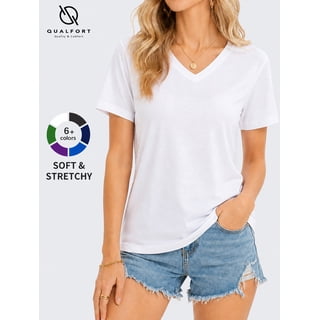 QUALFORT Women’s V-Neck Short Sleeve T-Shirt, Viscose Made from Bamboo Cotton Blend, White, L