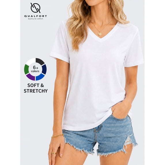 QUALFORT Women’s V-Neck Short Sleeve T-Shirt, Viscose Made from Bamboo Cotton Blend, White, L