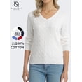 thumbnail image 1 of QUALFORT Women's 100% Cotton V-Neck Cable Knit Sweater, Lightweight Long Sleeve Pullover Sweater for Women, White XL, 1 of 9