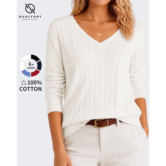 QUALFORT Women's 100% Cotton V-Neck Cable Knit Sweater, Lightweight Long Sleeve Pullover Sweater for Women, Off-White L